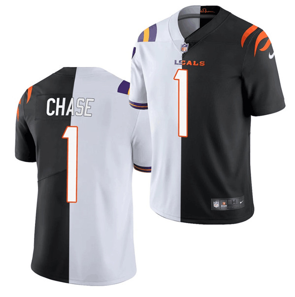 Men's Cincinnati Bengals #1 Ja'Marr Chase 2021 Black/White Split Stitched NFL Jersey